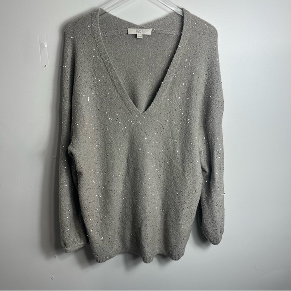 LOFT Gray V-Neck Sweater with Sequins - Picture 1 of 3